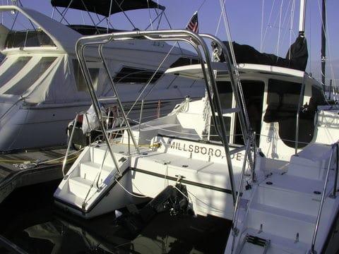 Atlantic Towers Arch installed on a boat docked alongside other vessels at a marina.