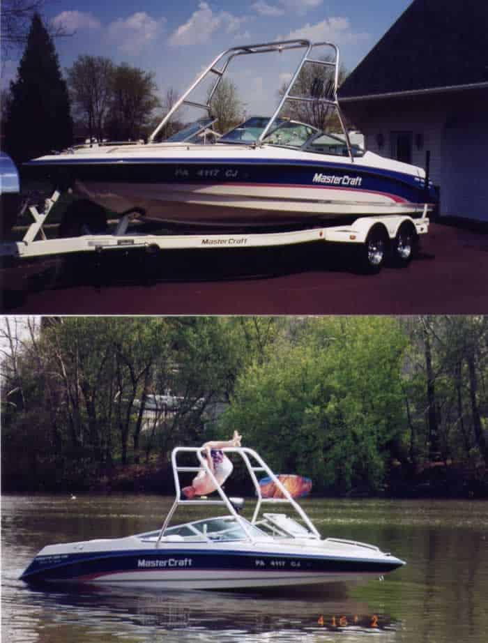 Atlantic Towers Air Tower installed on a Mastercraft boat, shown on a trailer and in water, with a person wakeboarding.