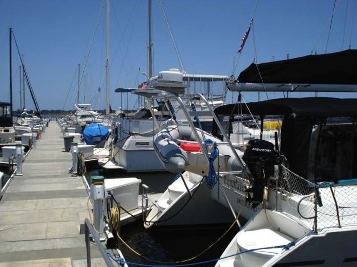 Atlantic Towers Arch installed on a Lagoon 37 catamaran, shown from the rear with rigging and deck visible.