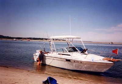 Robalo 260 boat docked on a beach with Atlantic Towers Top canopy installed and calm water in background.