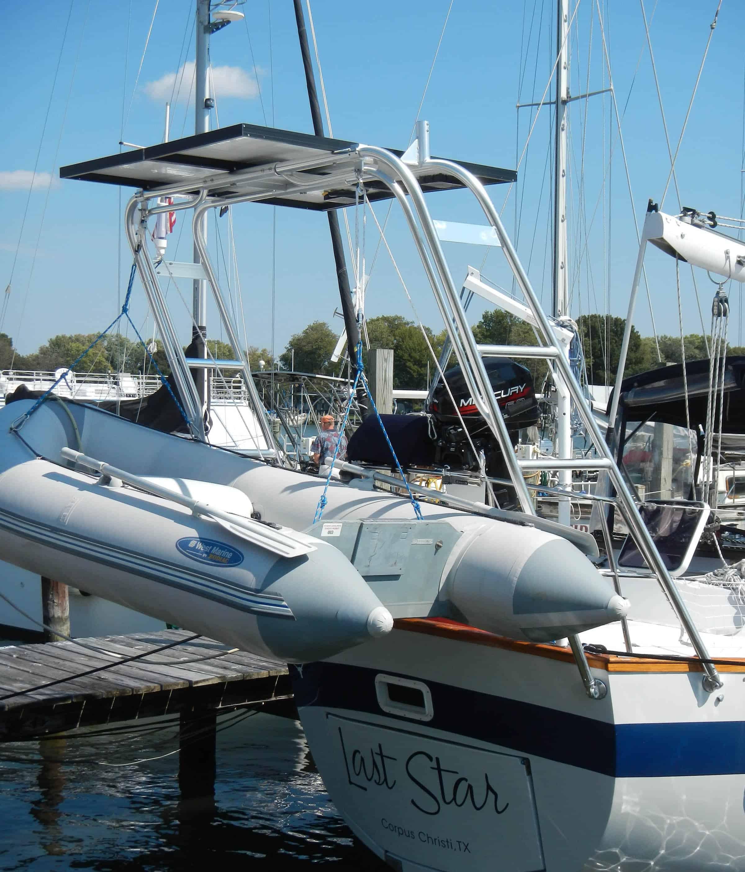Atlantic Towers Arch installed on an Irwin 43 sailboat, mounted behind the cockpit with rigging lines attached.