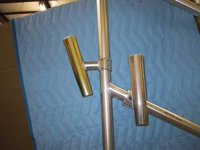 Close-up of Atlantic Towers Accessories showcasing polished aluminum fittings on a padded surface.