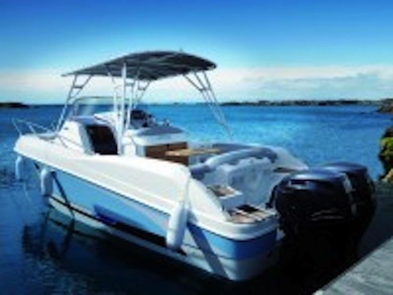 Atlantic Towers white and blue boat equipped with a canvas canopy and two outboard motors docked on water under clear sky.