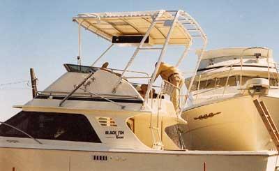 Atlantic Towers Top installed on the Blackfin 29 Flybridge boat, showing the upper deck with a canopy and railing.