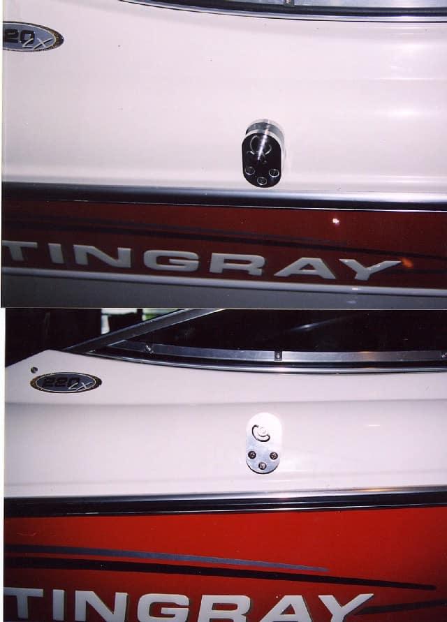 Close-up of Atlantic Towers Air Tower installed on a Stingray boat, showcasing the mounting hardware and design.