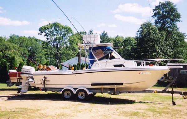 Invader 245 W/A boat on trailer equipped with Atlantic Towers Top arch on grassy area with trees in background.
