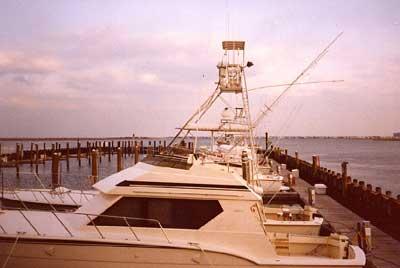 Atlantic Towers Tuna Tower installed on a Hatteras 45 Convertible boat at a marina during sunset.
