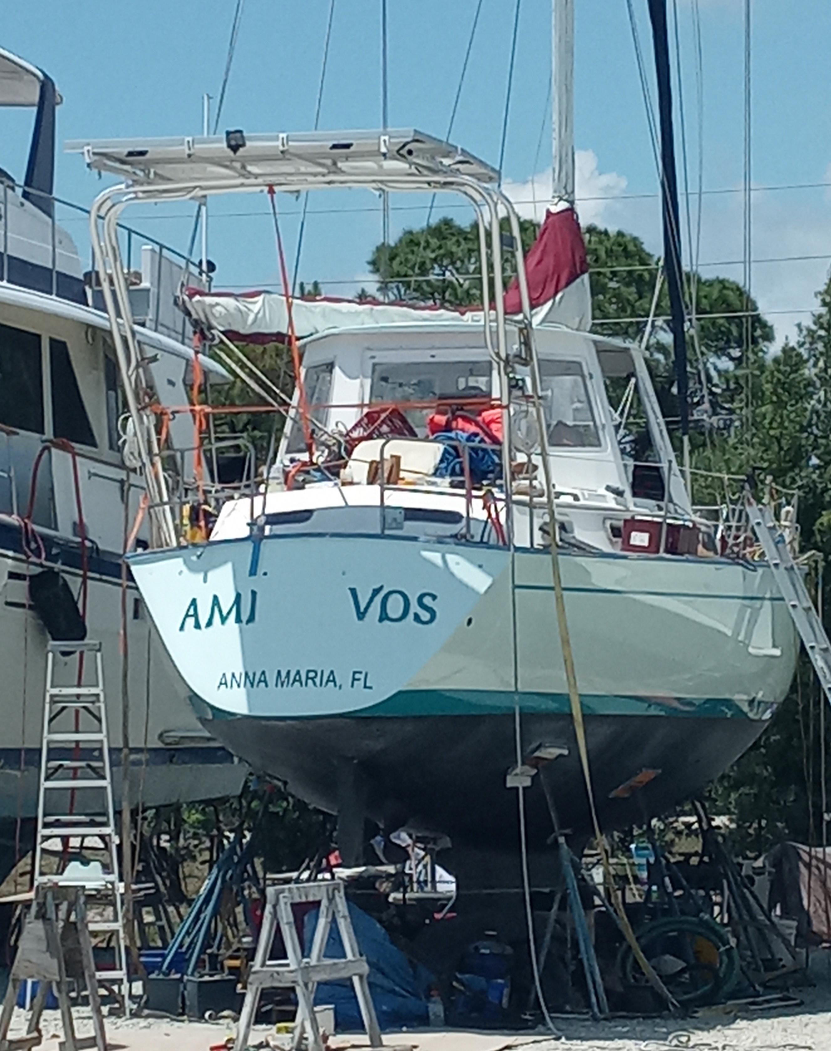 Atlantic Towers arch installed on the stern of a Catalina sailboat named Ami Vos in dry dock at Anna Maria, FL.