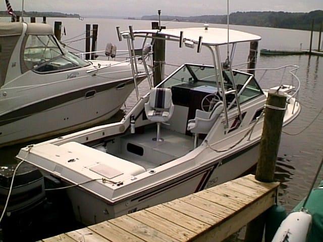 Atlantic Towers Top installed on a Wellcraft 250 Sportsman boat docked at a marina with two swivel captain chairs.