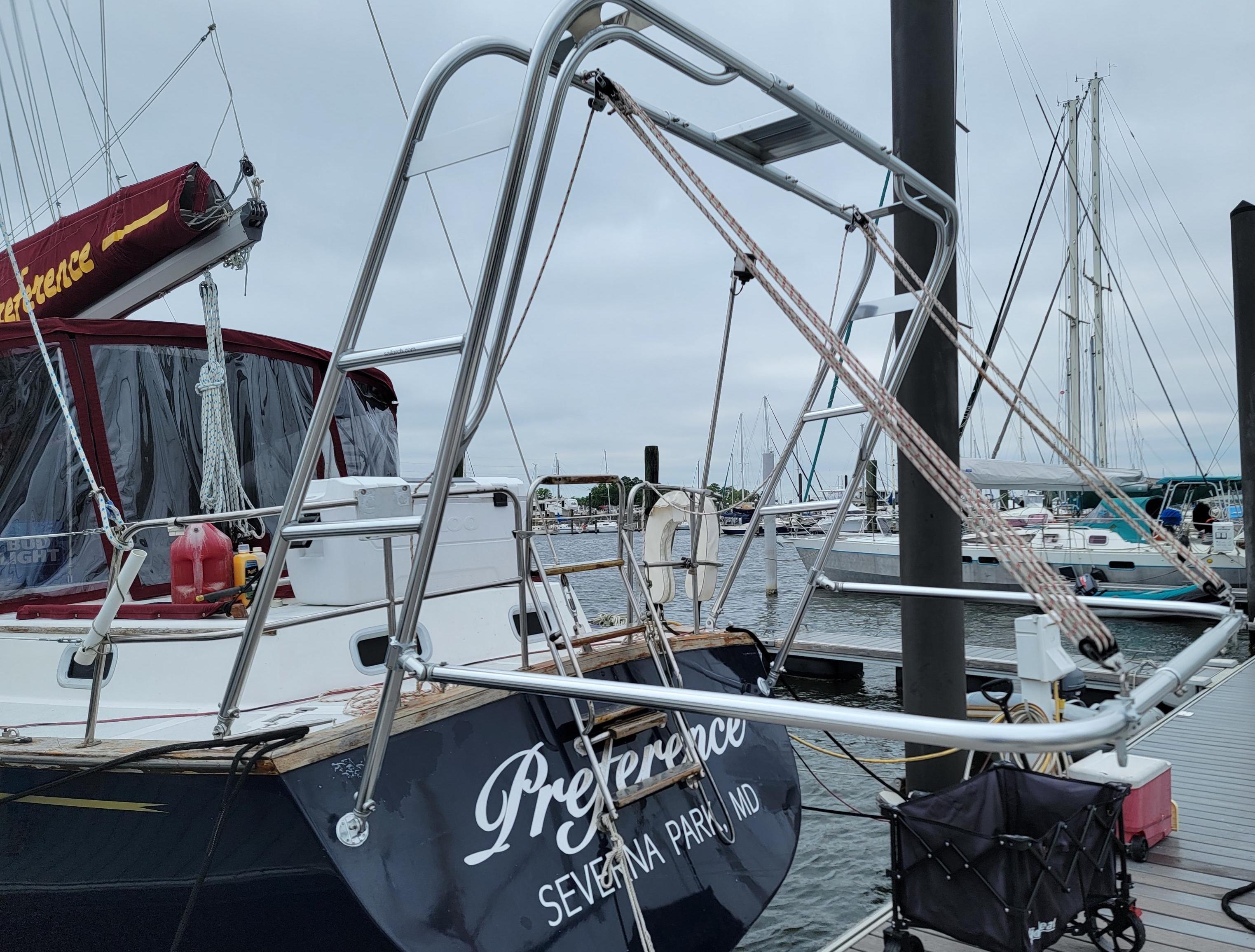 Atlantic Towers Arch installed on a sailboat named Preference, docked at a marina.