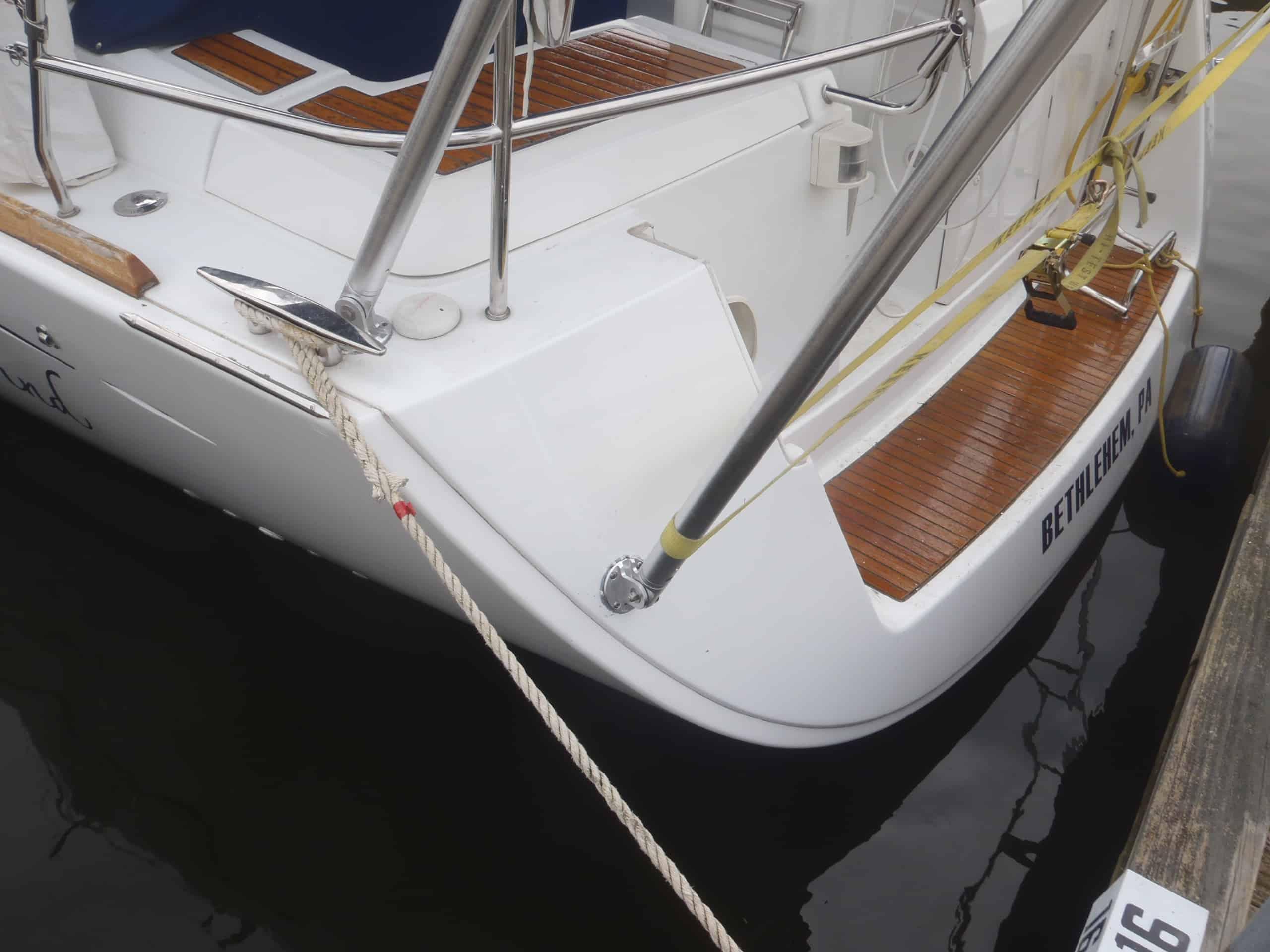 Atlantic Towers Arch installed on a Beneteau 46 sailboat, viewed from the rear with sails raised.