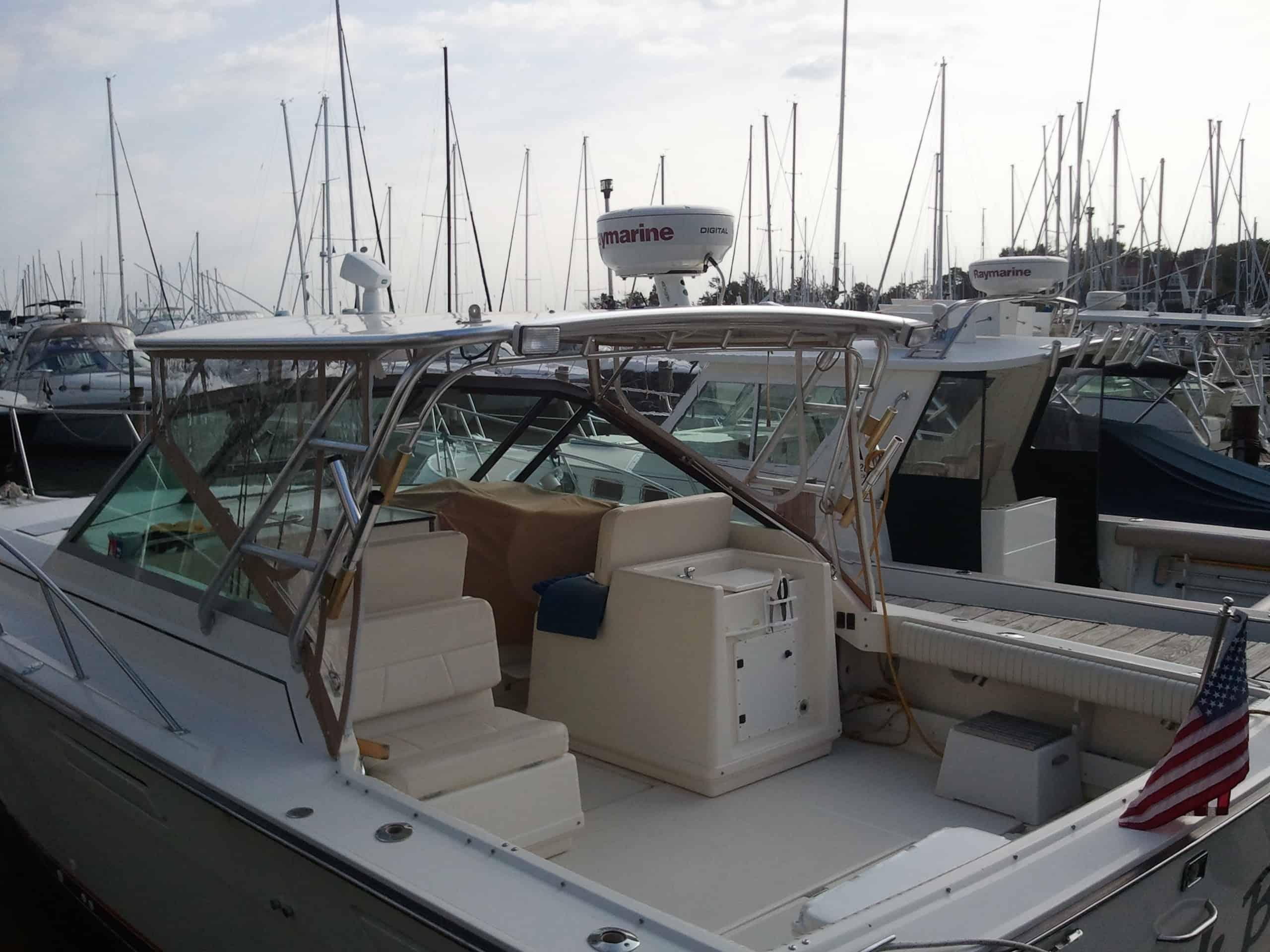 Atlantic Towers Top installed on a Tiara 3100 Open cruiser boat, showcasing its sleek design and functionality.