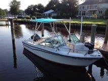 Atlantic Towers Top installed on a Grady White 190 Tarpon/Tournament open bow boat shown from the side on water