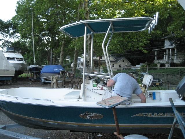 Atlantic Towers T-Top on an Aquasport 175 center console boat, showcasing its design and functionality.
