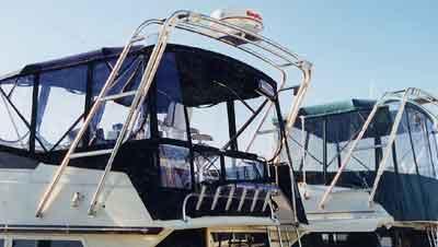 Atlantic Towers Arch installed on a Viking 35 Convertible boat, showcasing the structure and design of the arch.