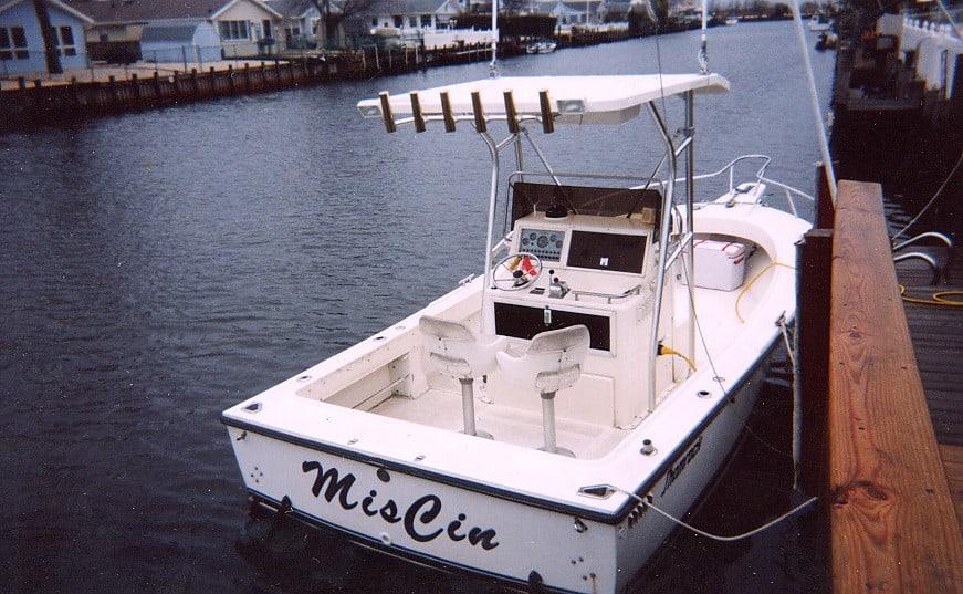 Atlantic Towers T-Top installed on a Shamrock 20 CC boat, docked near a waterfront with houses in the background.