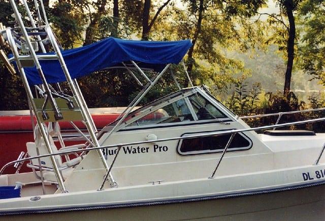 Side view of Sea Ox 250C Bluewater Pro WA boat with Atlantic Towers arch and blue canopy on calm water near trees.