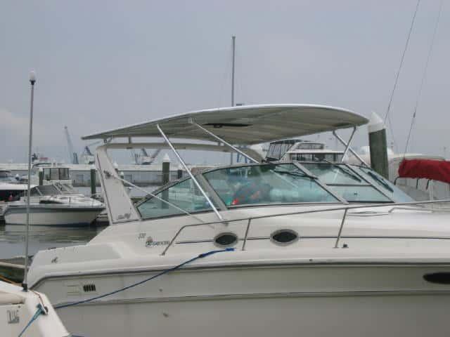 Atlantic Towers top on a Sea Ray 340 Sundancer express cruiser, showcasing its sleek design and functionality.