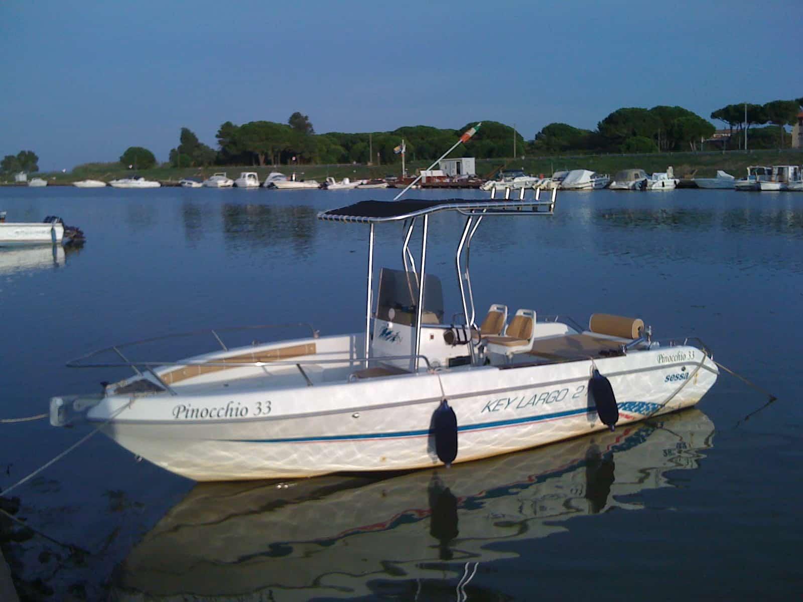 Atlantic Towers T-Top installed on a Key Largo boat, moored in calm waters with other boats in the background.