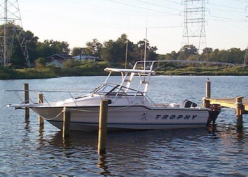 Atlantic Towers Top installed on a Bayliner 2302 Trophy Walkaround docked in calm waters, surrounded by greenery.