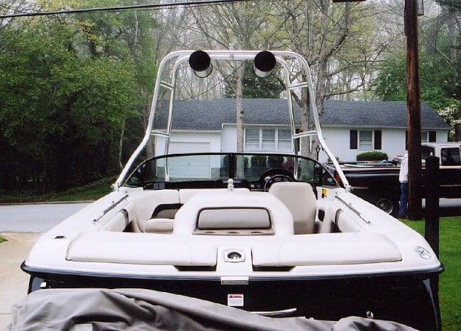 A rear view of a Mastercraft 190 boat featuring the Atlantic Towers Air Tower, with seating visible inside.