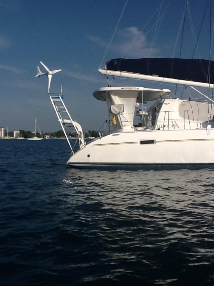 Atlantic Towers arch installed on a Leopard 40 Catamaran sail catamaran, showcasing its design and structure.