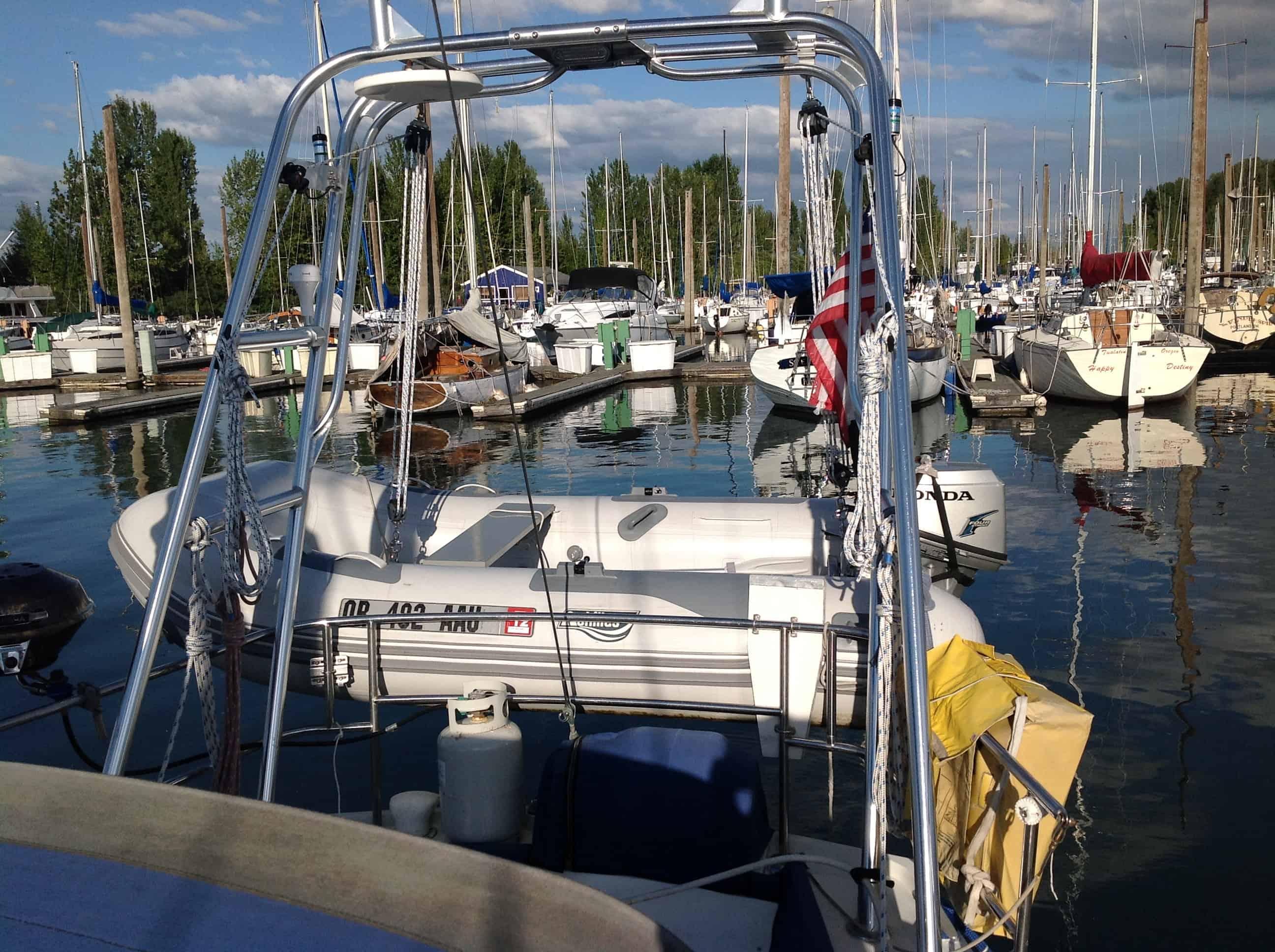 Atlantic Towers Arch installed on a Columbia 36 sailboat with rigging and blue sky background.