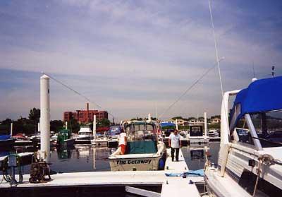 Atlantic Towers Arch installed on a Sea Pro 235 WA boat at a marina with several moored vessels.