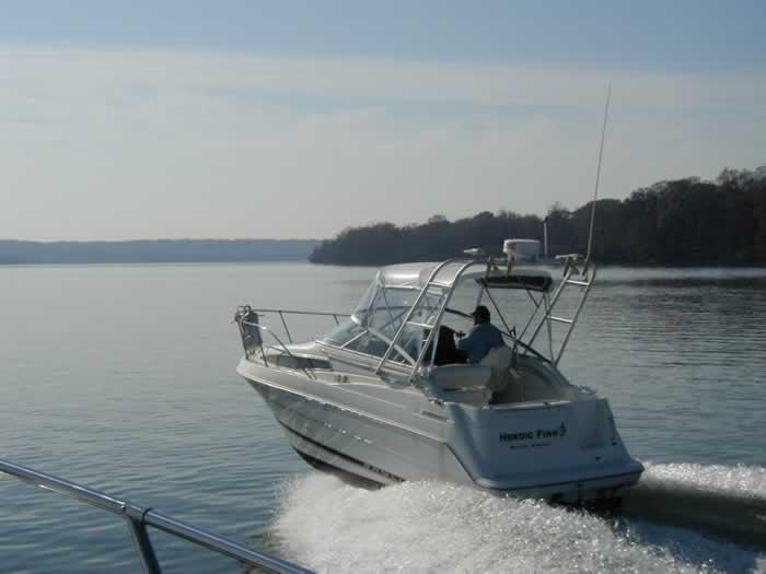 Atlantic Towers Arch installed on a Bayliner 2355 Ciera cruising on calm waters with trees in the background.