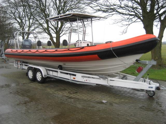 Atlantic Towers T-Top installed on a Tornado 30 RIB boat shown from a side view against a white background.