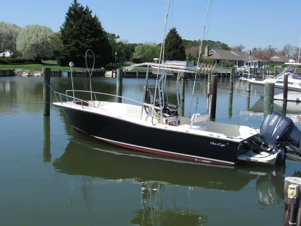 Chris Craft boat docked on calm water with Atlantic Towers T-Top installed, surrounded by piers and greenery