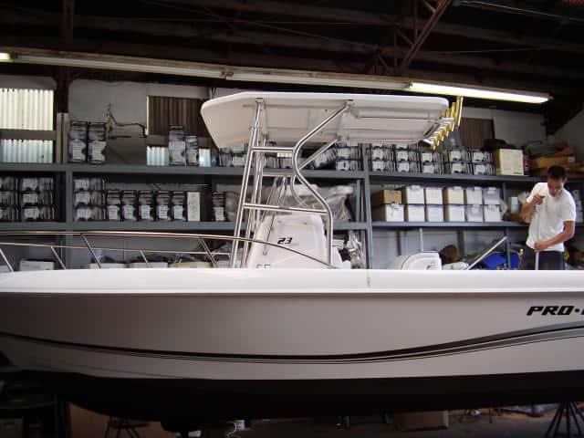 Atlantic Towers T-Top installed on a Pro Line 20/21 Sport center console boat, showing overhead shade structure