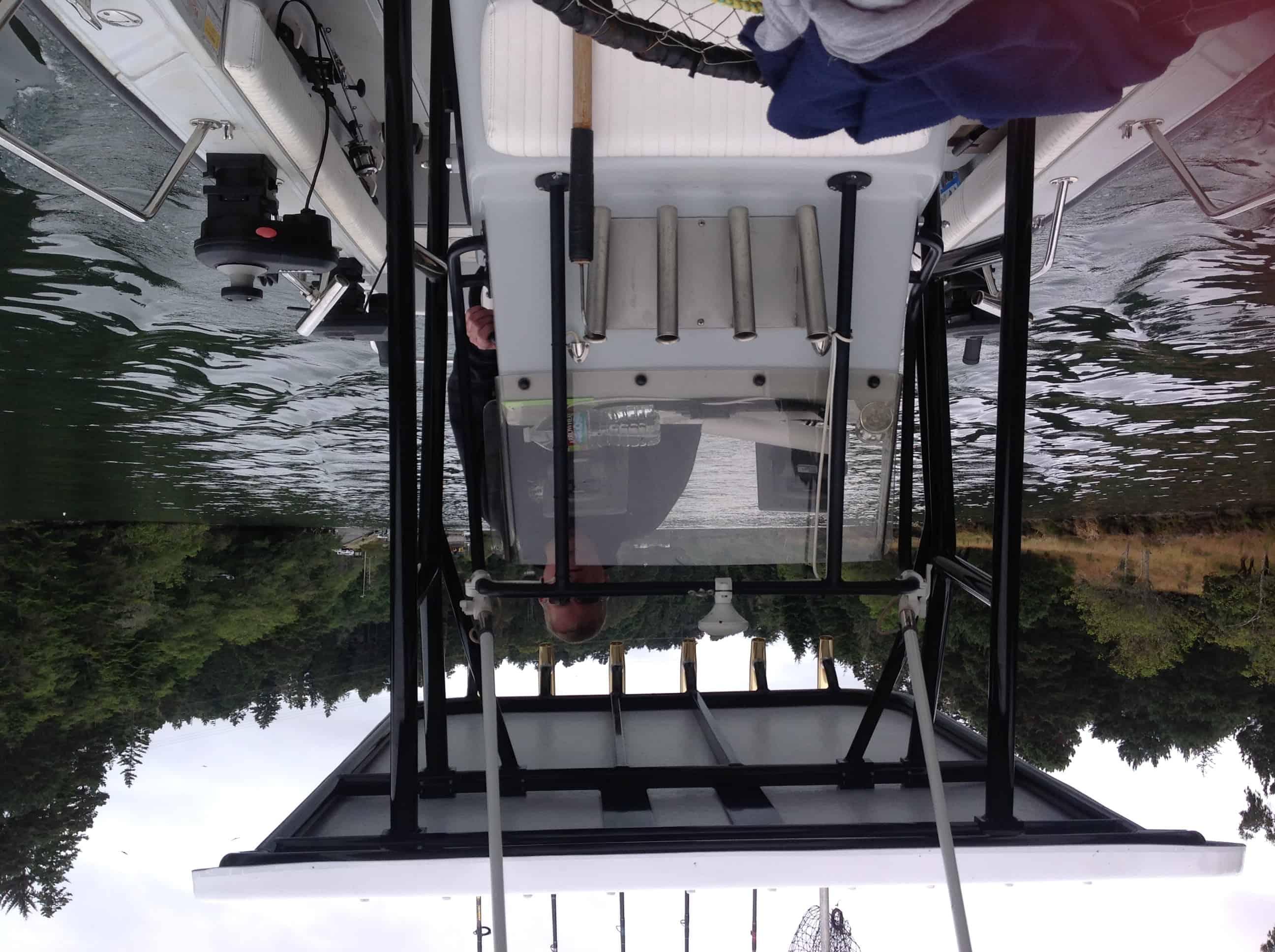Atlantic Towers Arch installed on a boat, featuring a sleek black frame and functional design over the cockpit area.