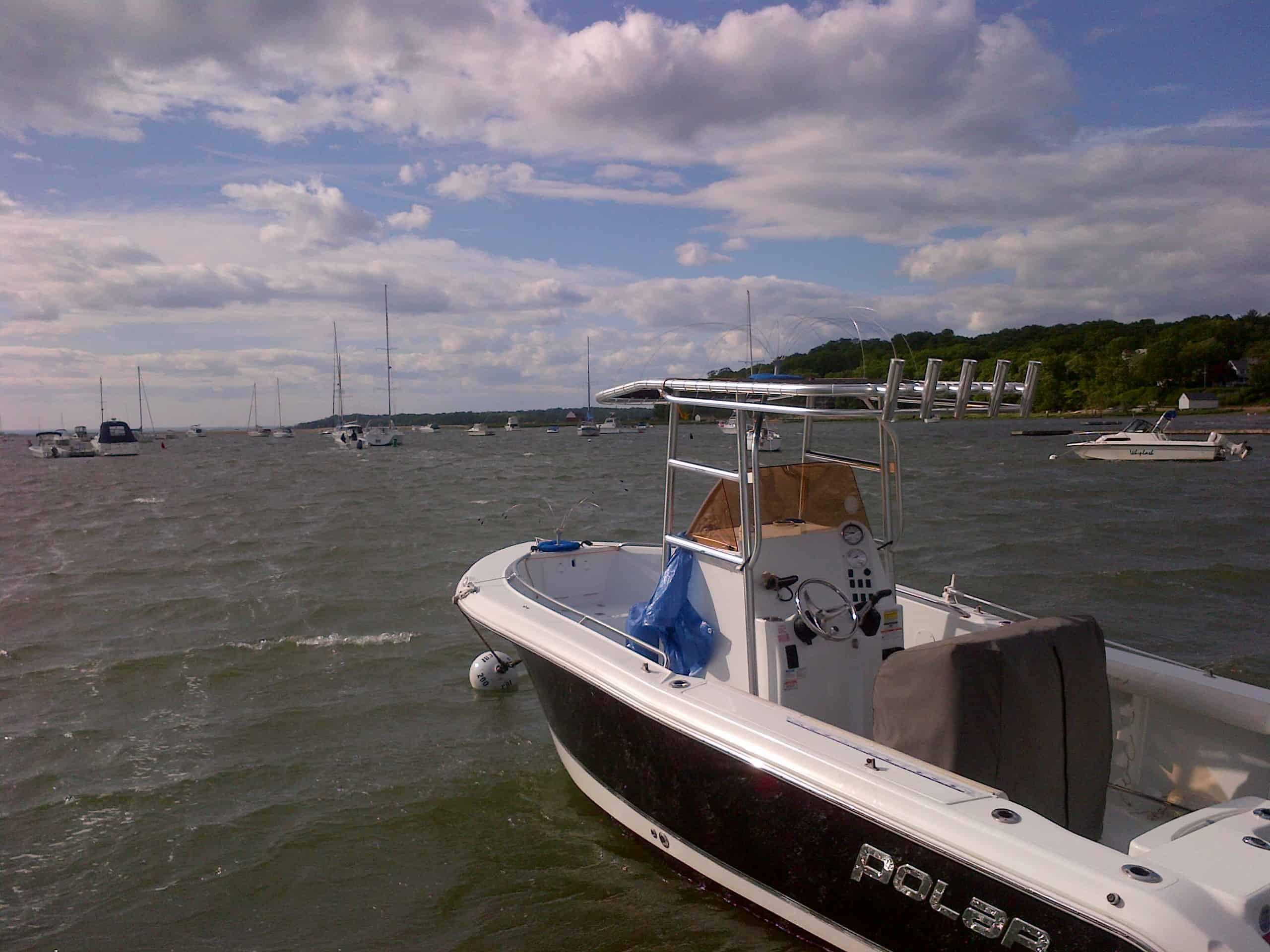 Atlantic Towers T-Top installed on a white Polar 2100 center console boat with a clean, open deck layout.