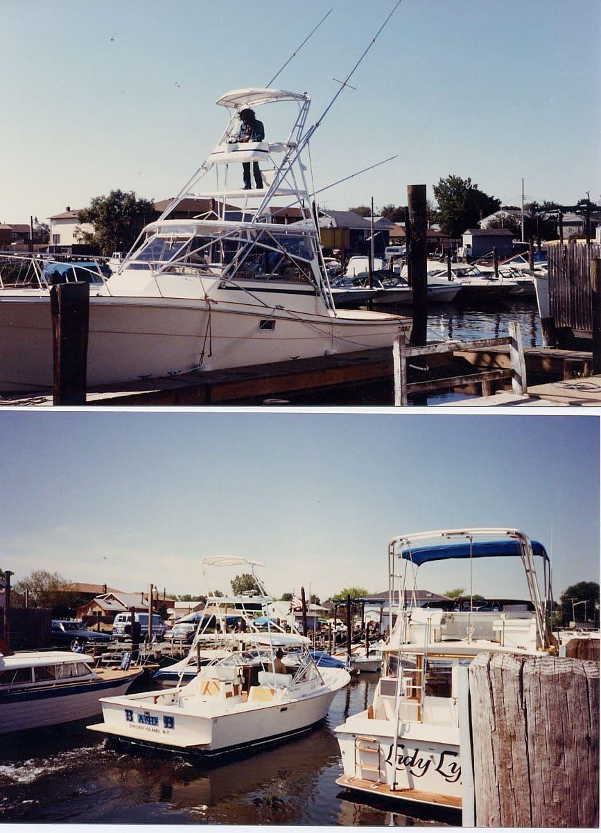 Two views of a docked fishing boat equipped with an Atlantic Towers Tuna Tower, featuring fishing rods and a person on the upper platform.