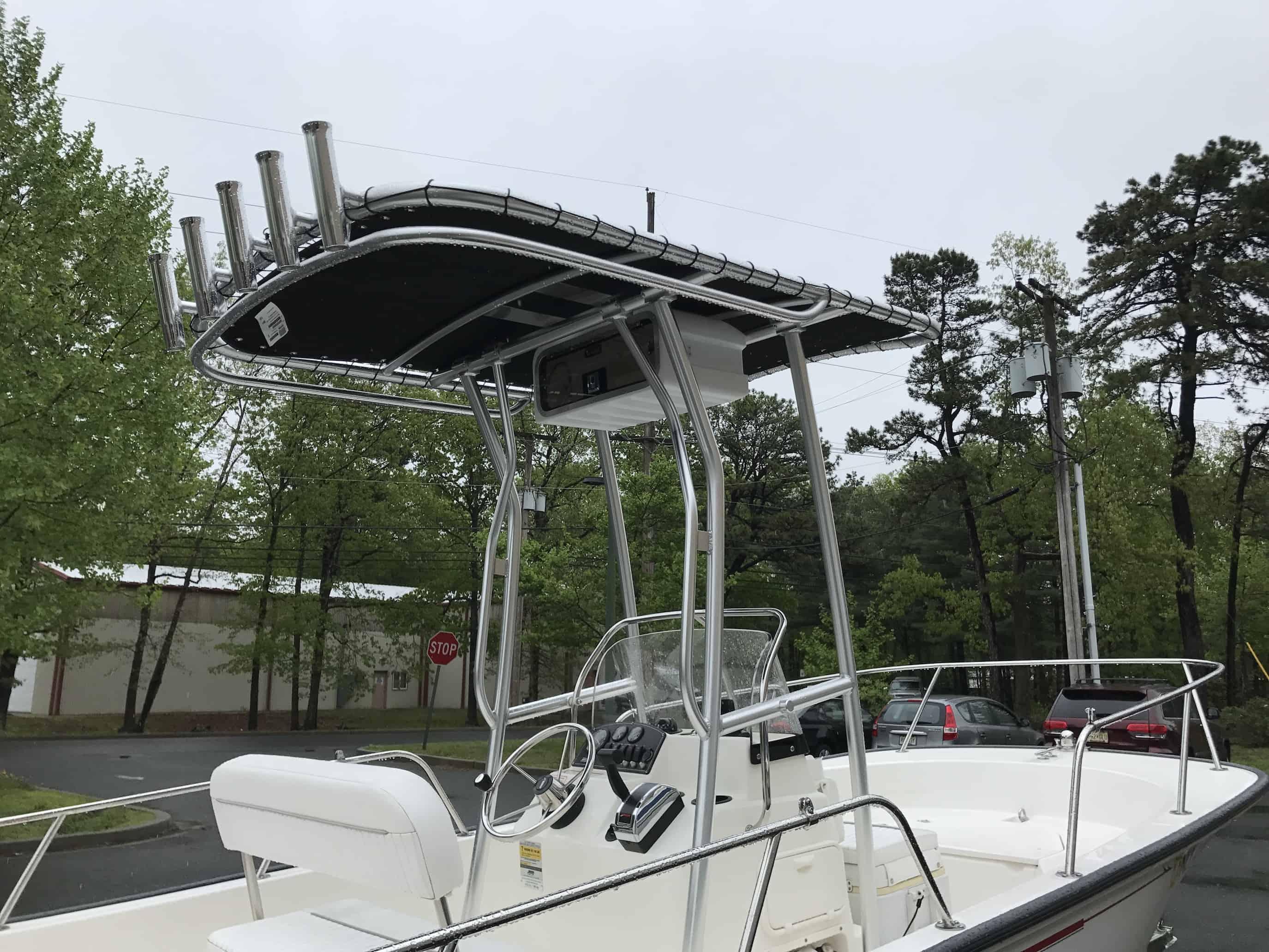 Atlantic Towers T-Top installed on a Boston Whaler boat, showcasing its sleek design and functionality.