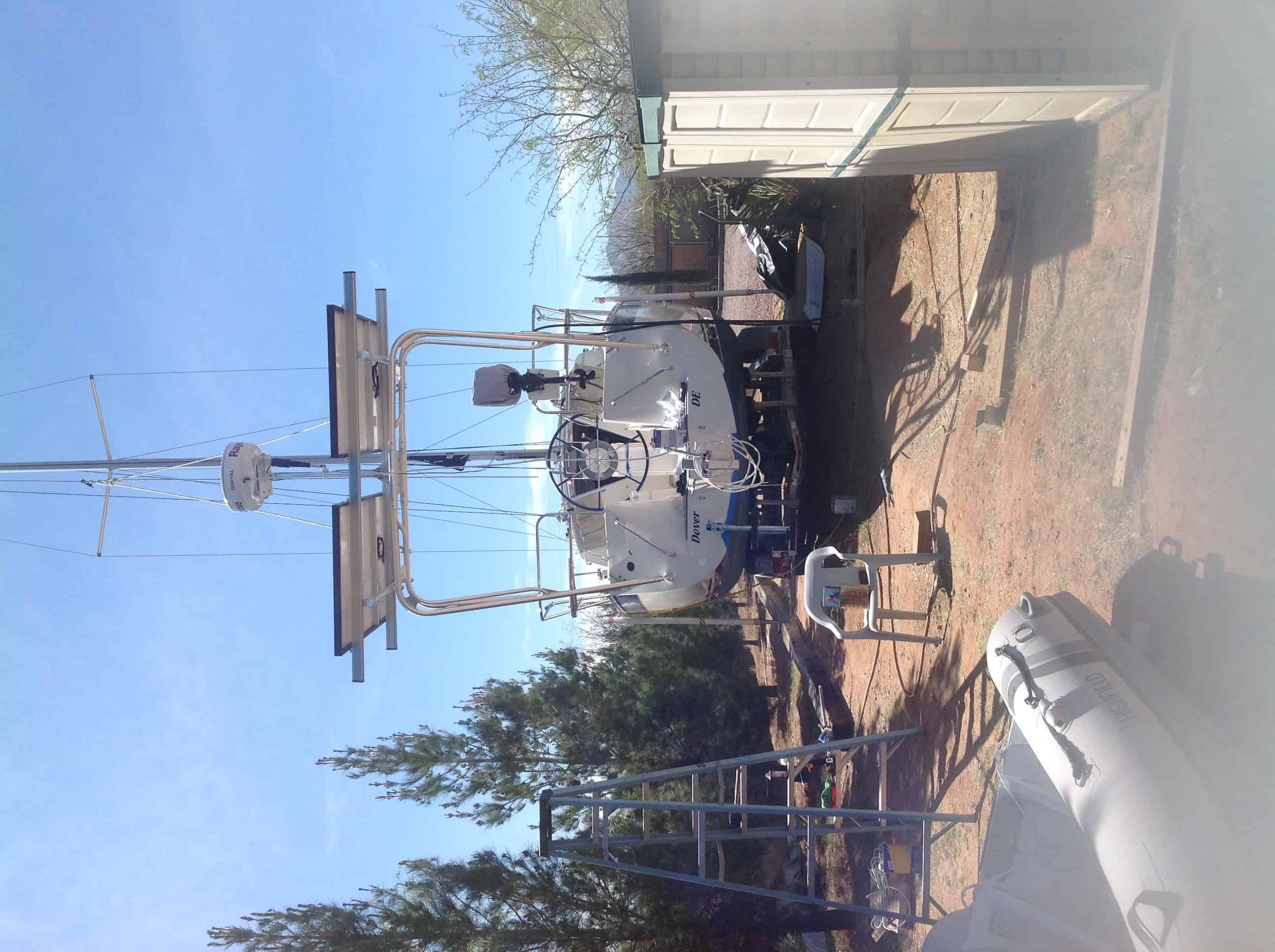 Atlantic Towers Arch installed on Hake Seaward Eagle 32 cutter sailboat, shown sailing on open water.