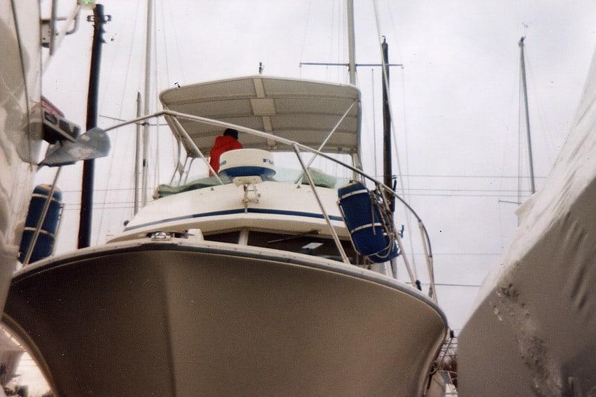 Atlantic Towers Top installed on a Bertram 33 FB boat, viewed from the front in a marina setting.