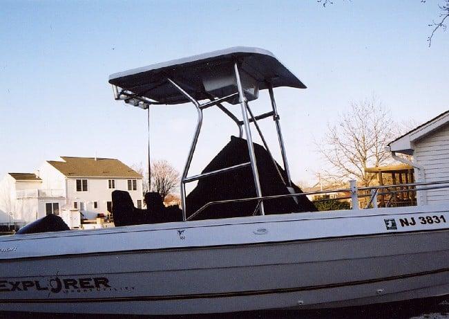 Atlantic Towers T-Top installed on a Campion Explorer CC boat, showcasing a sleek design and functionality.