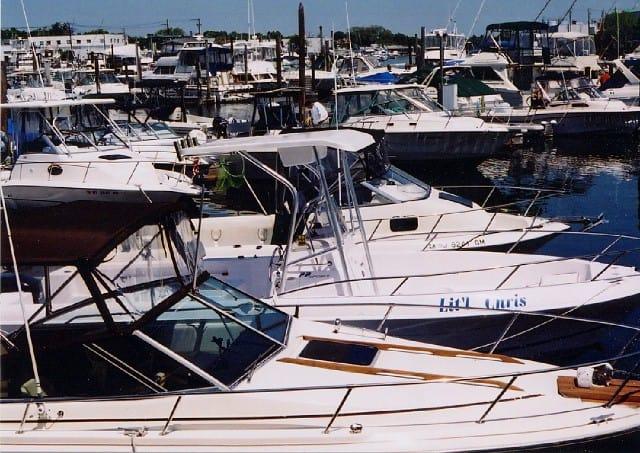 Atlantic Towers T-Top installed on a Pro Line 22 Sport center console boat showing side view on water