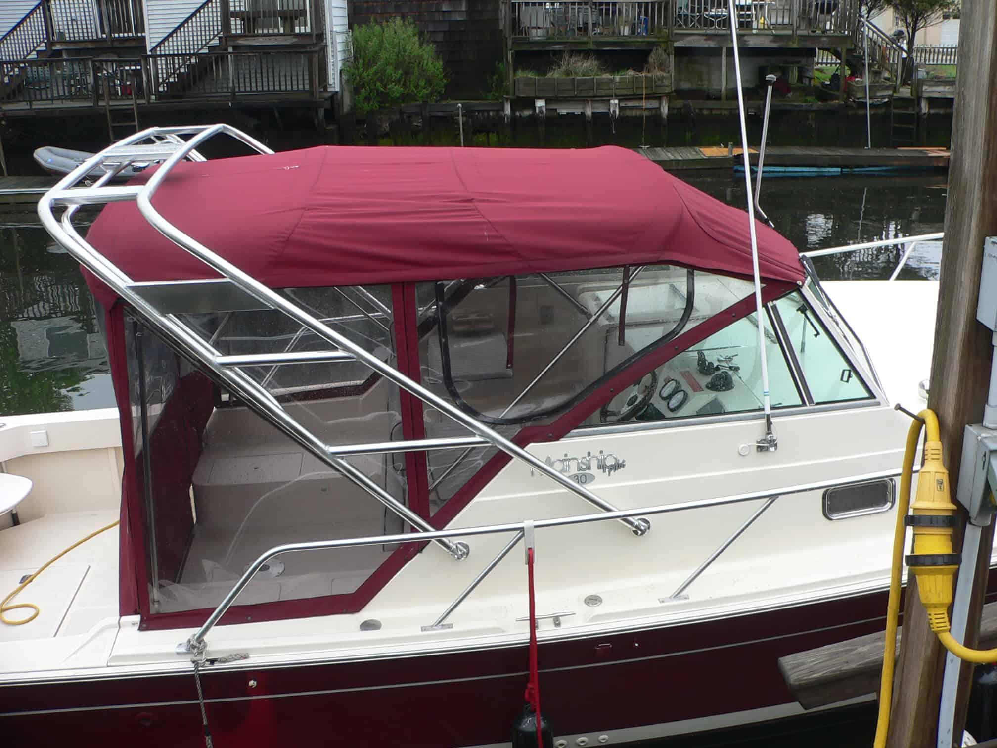 Atlantic Towers arch on a Mainship 30 Pilot cruiser, showcasing its stylish design and functional features.