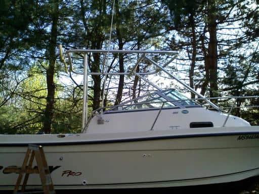Atlantic Towers T-Top on a 2002 Trophy walkaround boat, highlighting its design and functionality for fishing.
