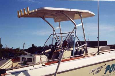 Atlantic Towers T-Top installed on a Chris Craft 31 Scorpion boat with fishing rod holders and seating area.