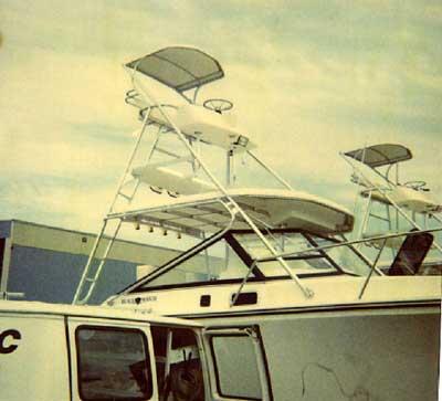 Atlantic Towers Tuna Tower installed on a Black Watch 30 Sportfisherman boat, showcasing its dual helm seating.