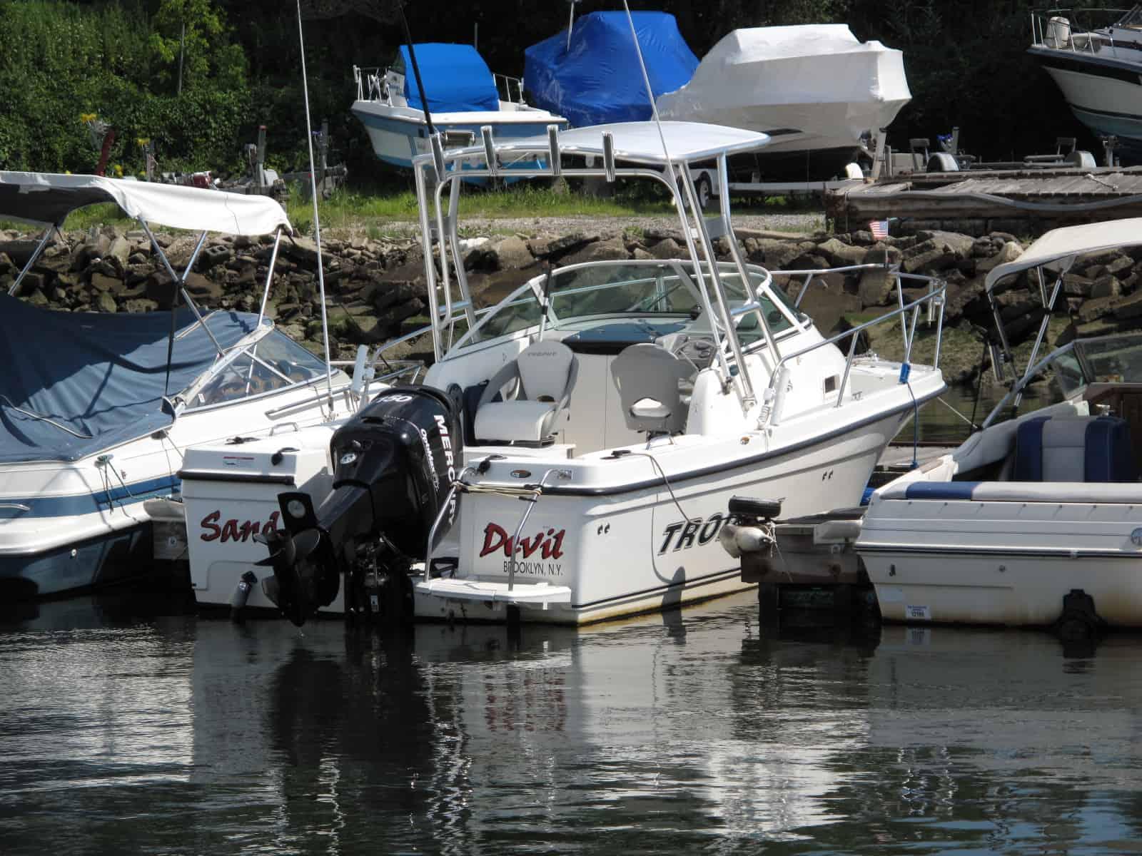 Atlantic Towers Top installed on a white Trophy 2102 walkaround boat docked beside a wooden pier on calm water.