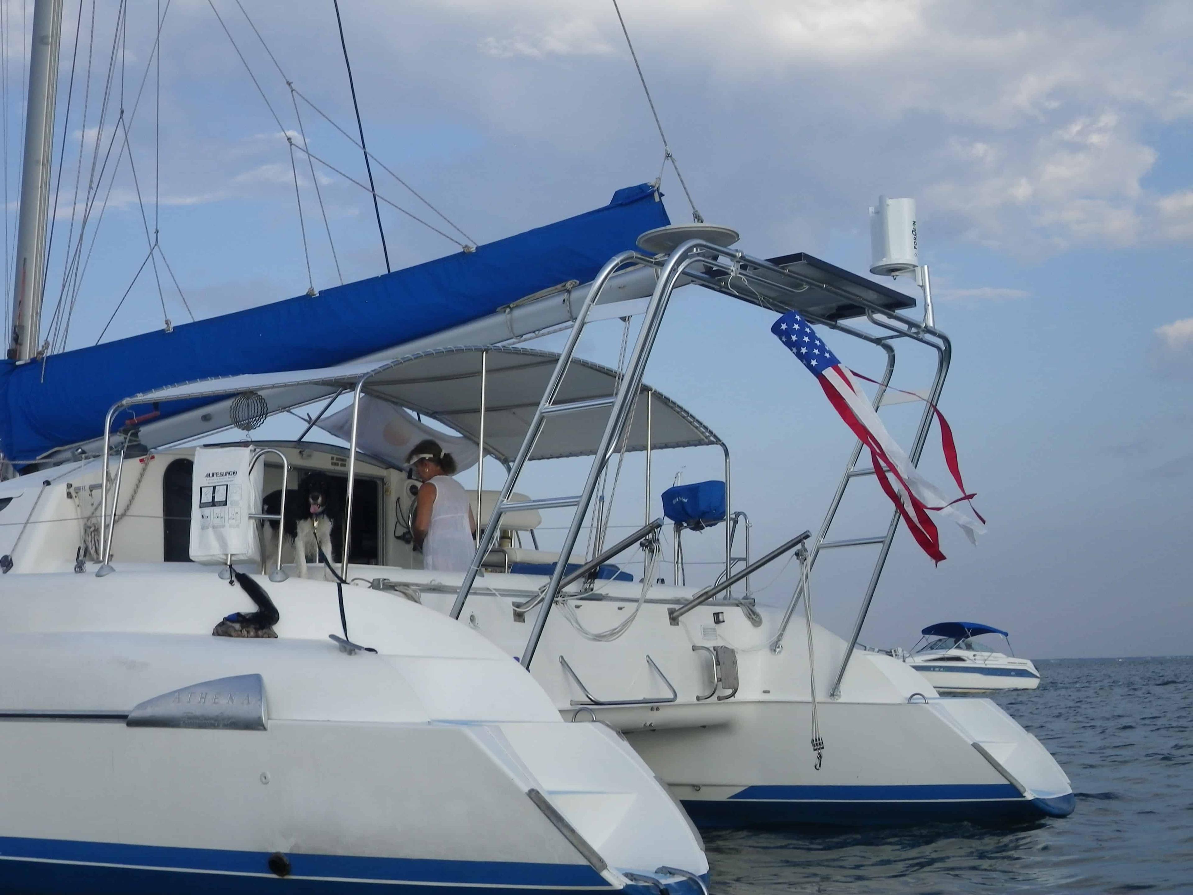 Atlantic Towers arch installed on Fountaine Pajot Athena 38 catamaran, showing a sleek white structure above the cockpit