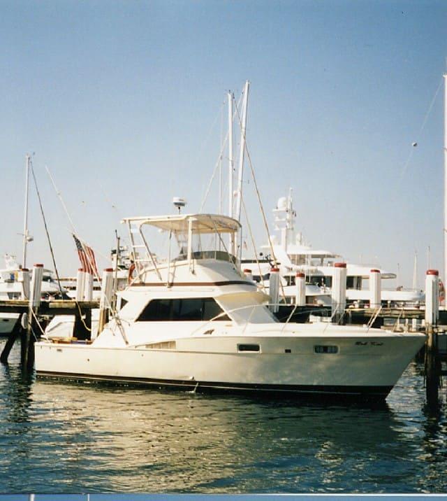 Atlantic Towers Top installed on a Chris Craft 360 Sport Sedan boat docked at a marina under a clear blue sky.