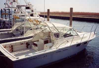 Atlantic Towers Arch installed on a Tiara 2700 Open/Pursuit boat docked at a pier with a calm water background