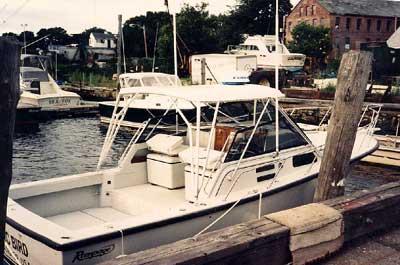 Atlantic Towers Top installed on Rampage 28 Sportsman boat docked at marina near wooden pier.