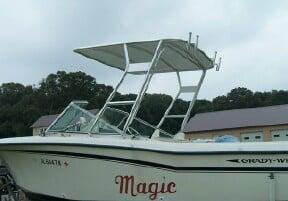 Atlantic Towers Top installed on a Grady White 22 Tournament dual console boat docked in a marina.